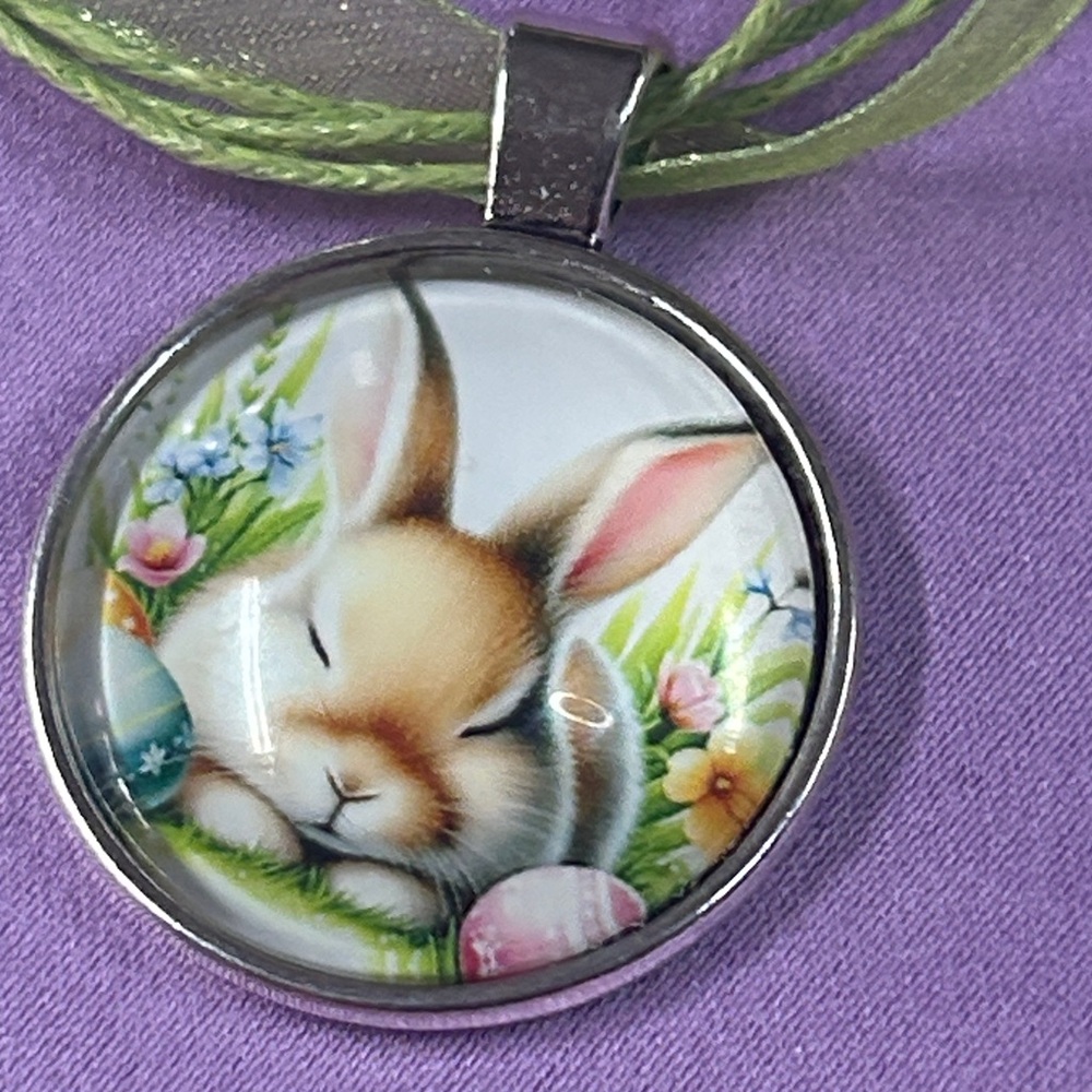 Green Ribbon Bunny 1 inch Pendant Necklace for Women by
